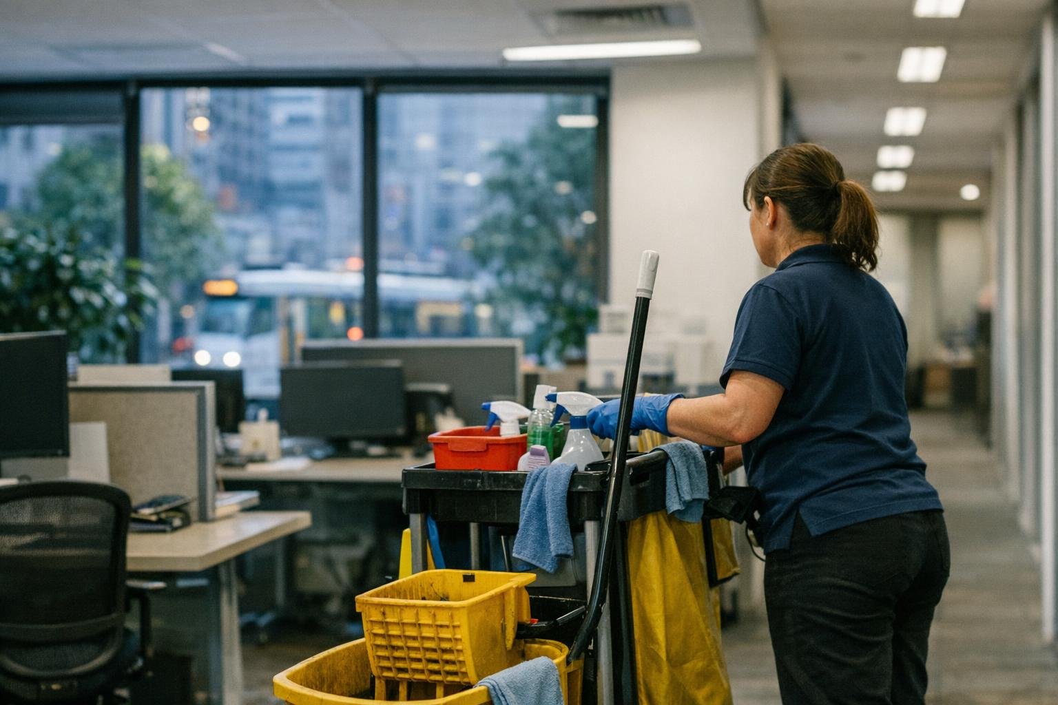 Commercial Floor Waxing in Office Cleaning: Commercial Floor Waxing is a professional cleaning process that applies protective wax — visual guide